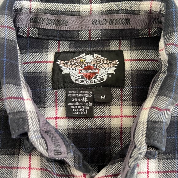 Harley-Davidson Y2K Flannel Shirt M Embroidered Bar & Shield Plaid Bikercore - Picture 3 of 10